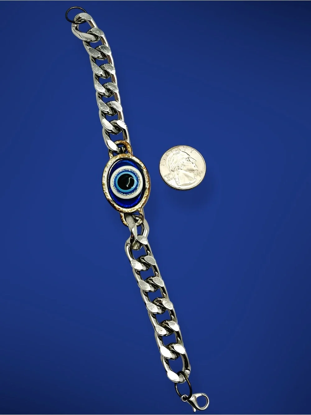 Stainless Steel Evil Eye Curb Chain Bracelet Blue Nazar Protection Amulet